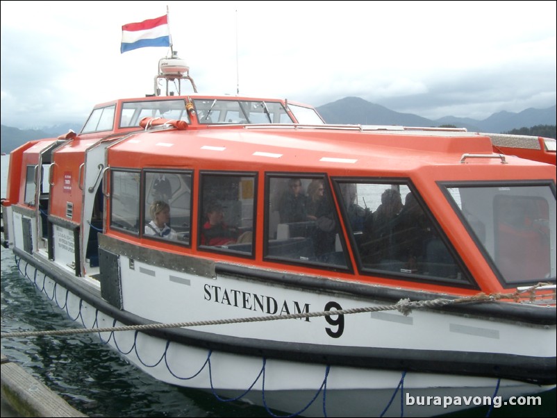 One of the smaller vessels used to take people from the cruise ship to small docks.