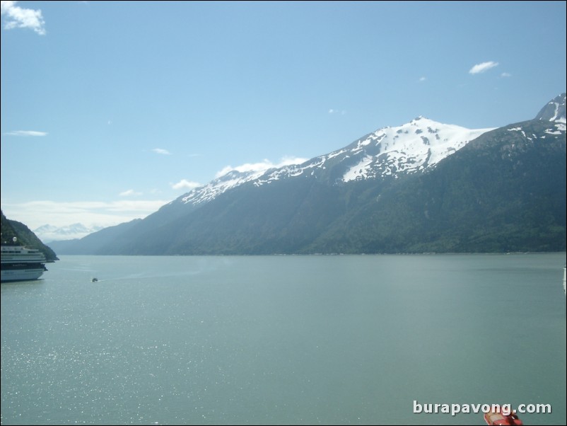 View from the back of the ship docked in Skagway.