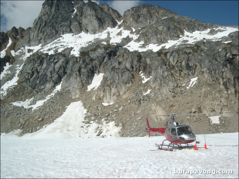 Helicopter about to take off from dog sledding camp, Denver Glacier, Skagway.