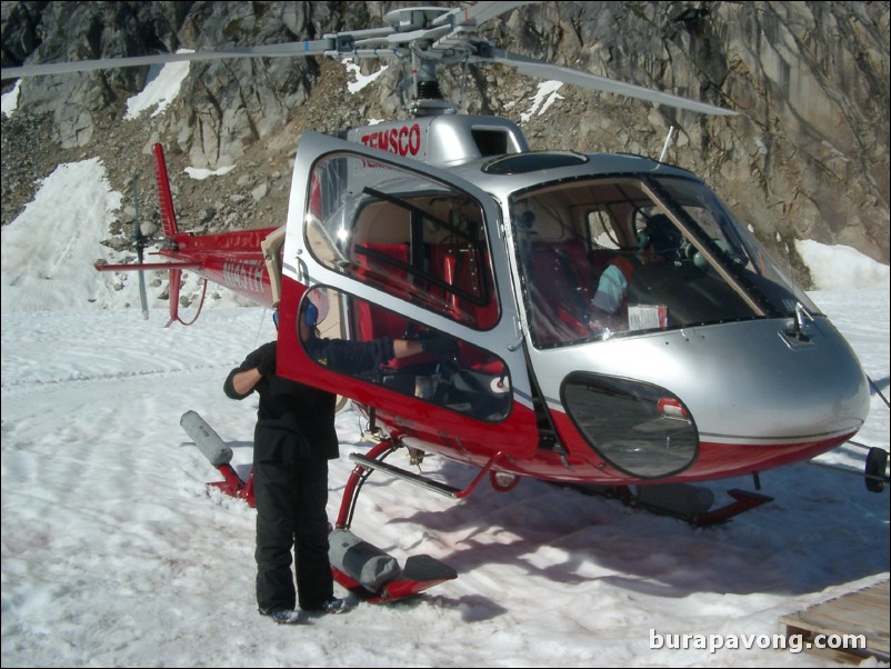 Entering the helicopter to leave the dog sledding camp. Denver Glacier, Skagway.