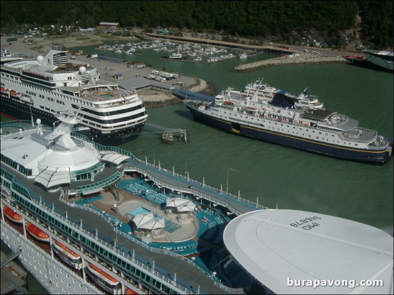 View of cruise ships from inside the helicopter, Skagway.