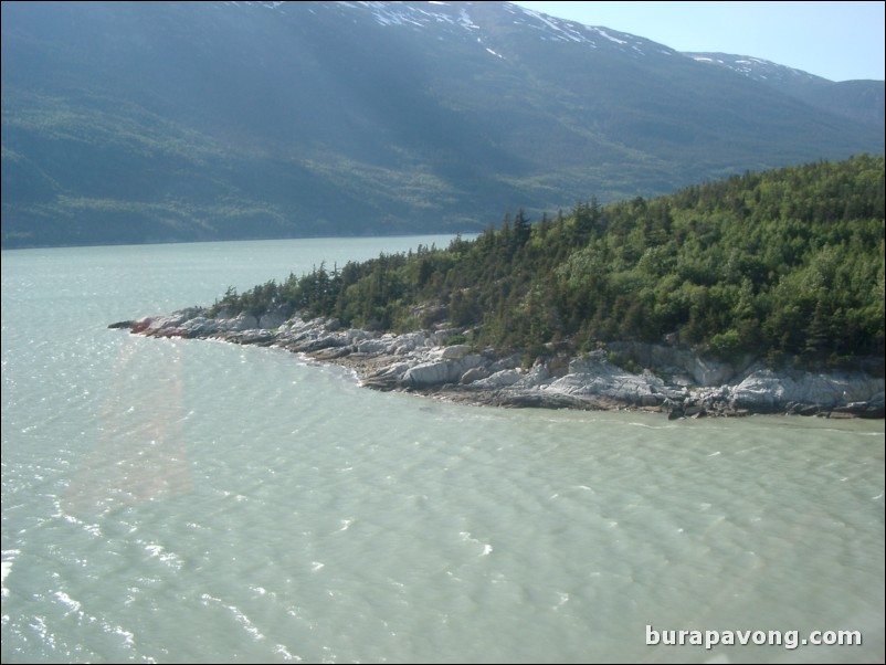 View from inside the helicopter as it's landing in Skagway.