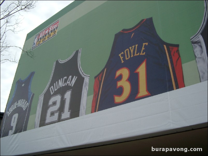 A mural of international NBA player jerseys outside Philips Arena/CNN Center.