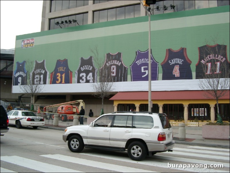 A mural of international NBA player jerseys outside Philips Arena/CNN Center.