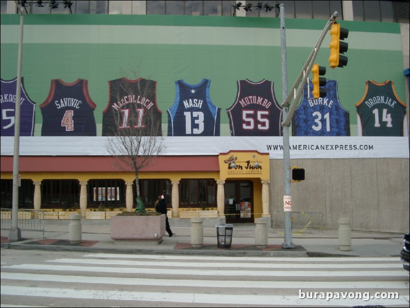 A mural of international NBA player jerseys outside Philips Arena/CNN Center.