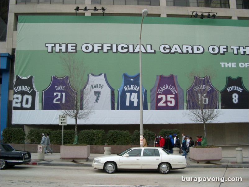 A mural of international NBA player jerseys outside Philips Arena/CNN Center.