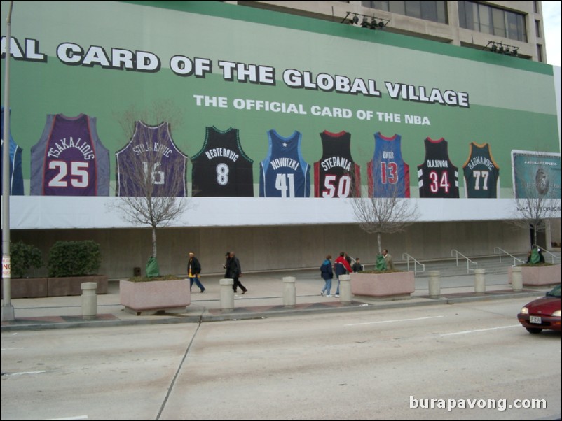 A mural of international NBA player jerseys outside Philips Arena/CNN Center.