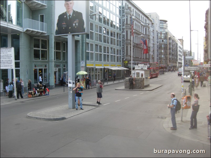 In/around Checkpoint Charlie, crossing point between East and West Germany during the Cold War.