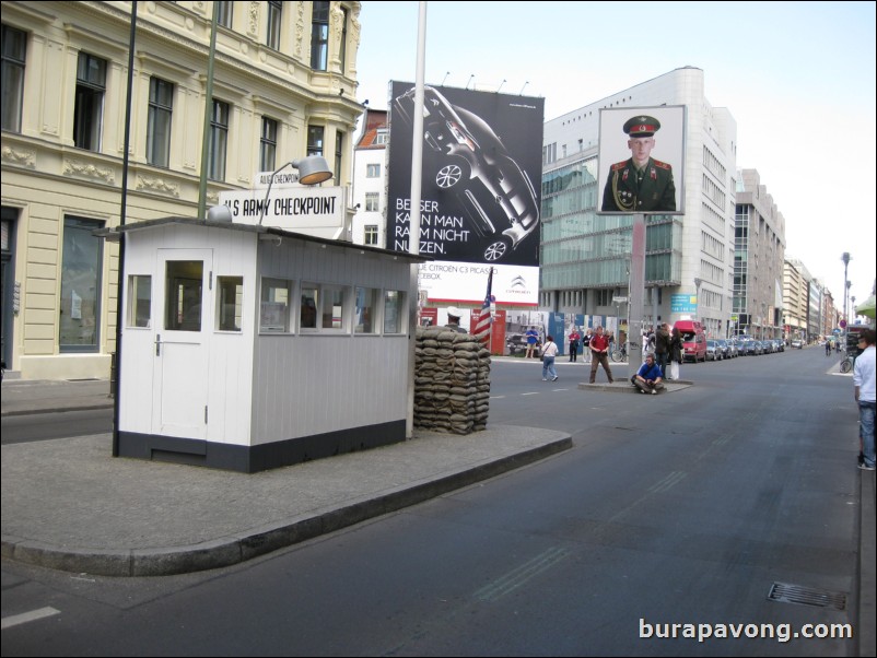 In/around Checkpoint Charlie, crossing point between East and West Germany during the Cold War.