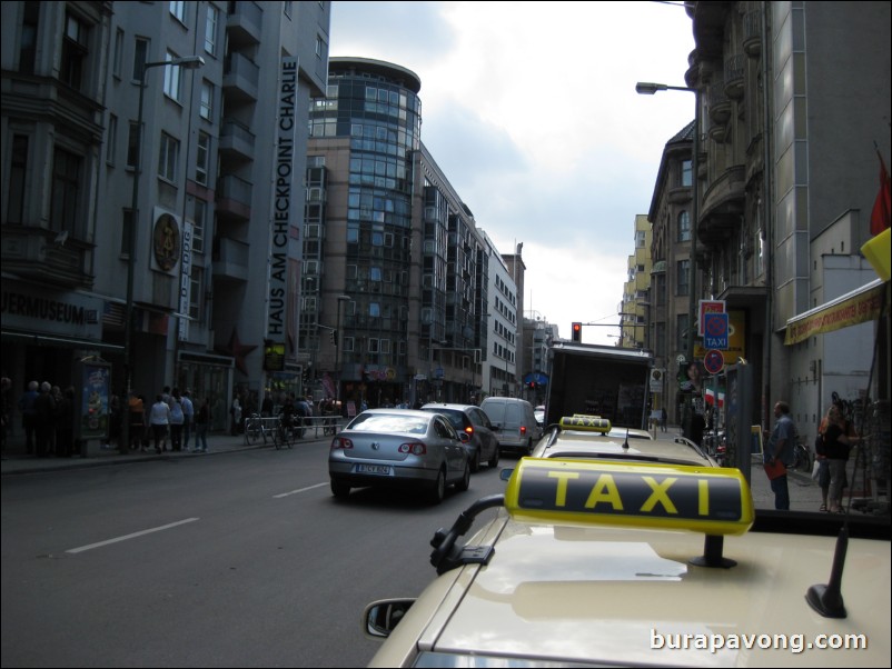 In/around Checkpoint Charlie, crossing point between East and West Germany during the Cold War.