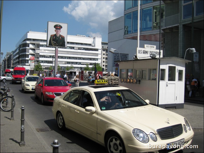 In/around Checkpoint Charlie, crossing point between East and West Germany during the Cold War.