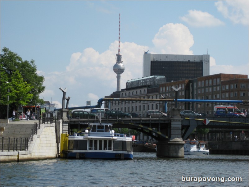 Cruising down the Spree River. Berlin TV tower in background.