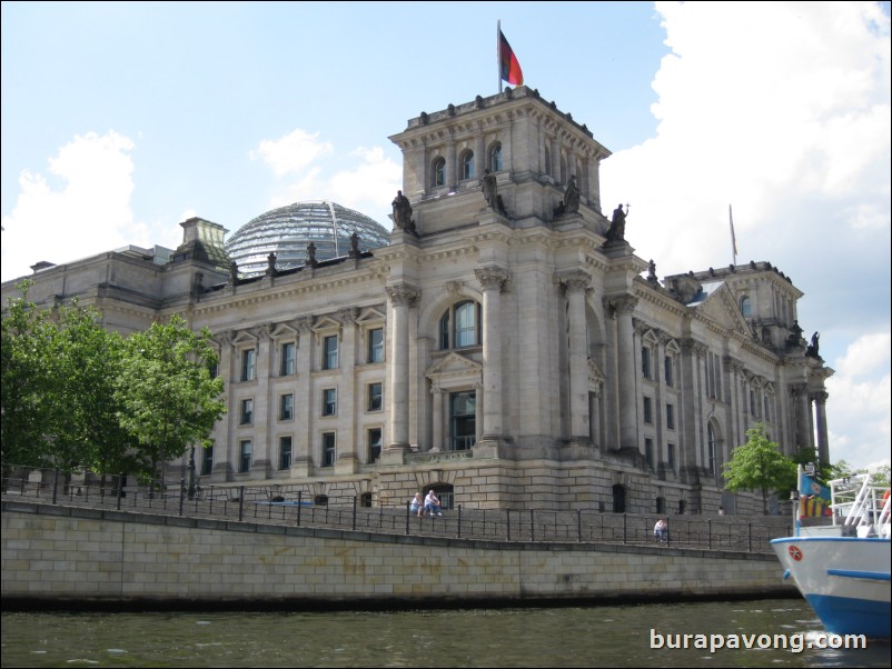 Cruising down the Spree River. Reichstag building, first parliament in the German empire.