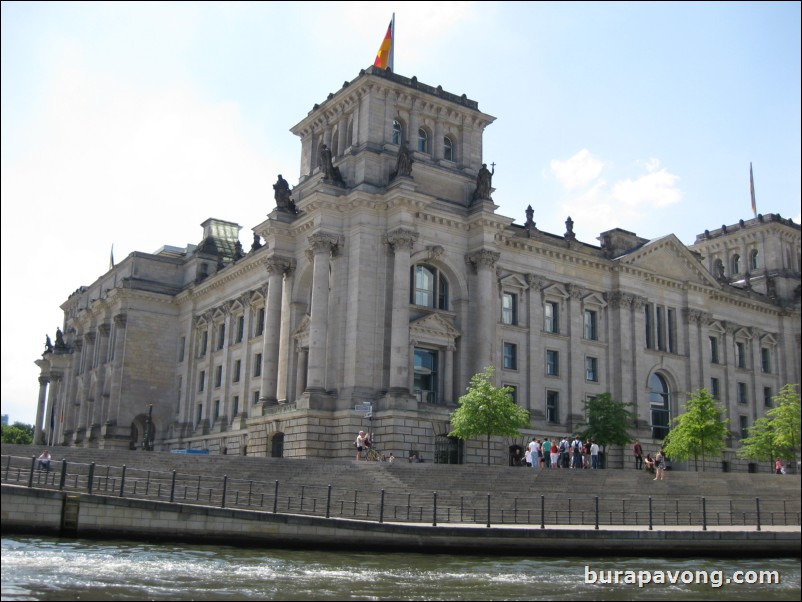 Cruising down the Spree River. Reichstag building, first parliament in the German empire.