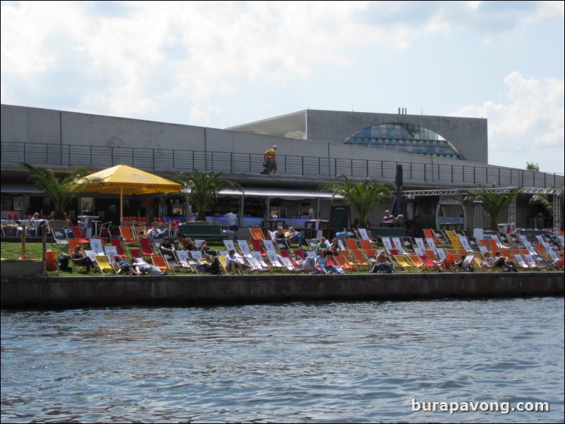 Cruising down the Spree River. Artificial beaches that Germans like to enjoy.