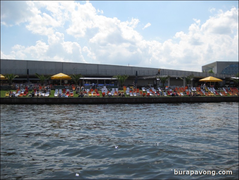 Cruising down the Spree River. Artificial beaches that Germans like to enjoy.