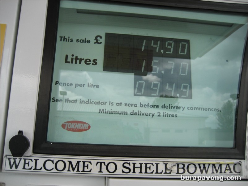 Getting gas at the local Shell station.  94.5 pence per liter was about $7.25 per gallon.  Expensive!