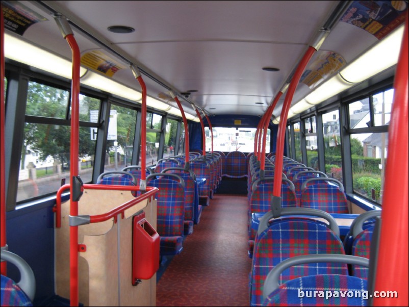 Empty second level of Edinburgh bus.