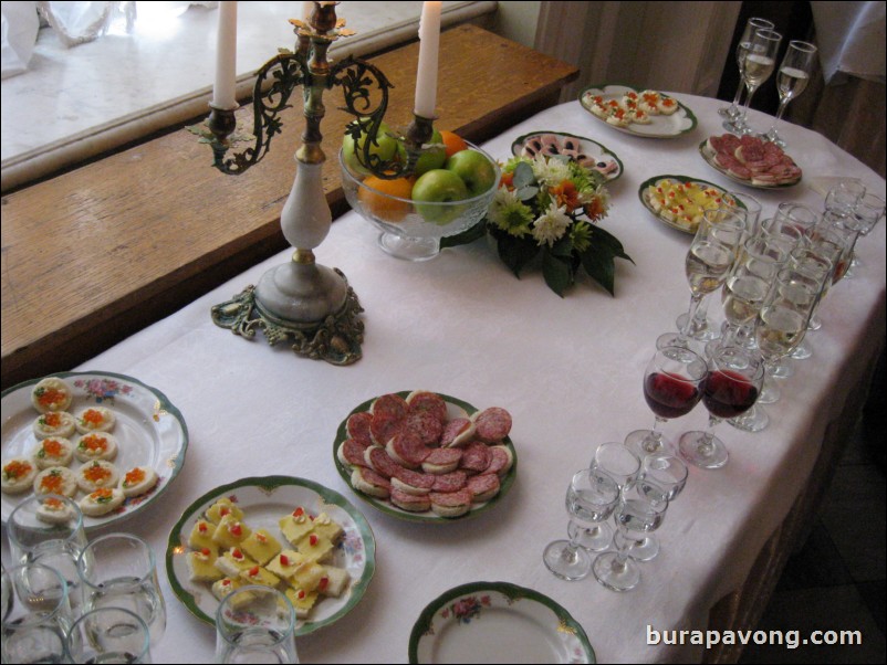 Intermission. Fruit, canapes with red caviar, Russian style Salami, vodka, champagne, red wine, etc. served.