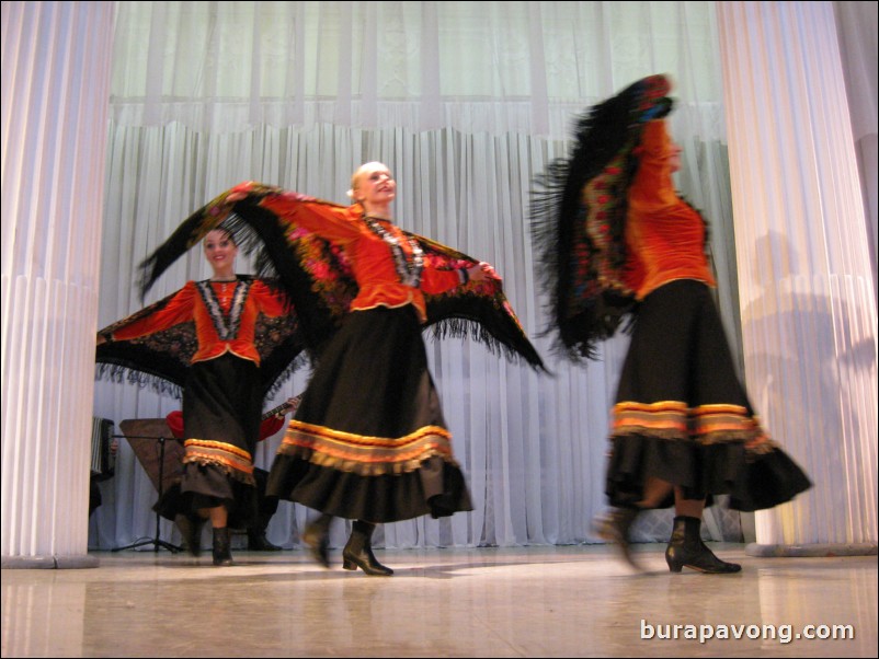 The Stars of St. Petersburg doing lyrical dances of the Russian North, Cossacks from the Don and Voronezh, and miniatures of the Urals and Siberia.