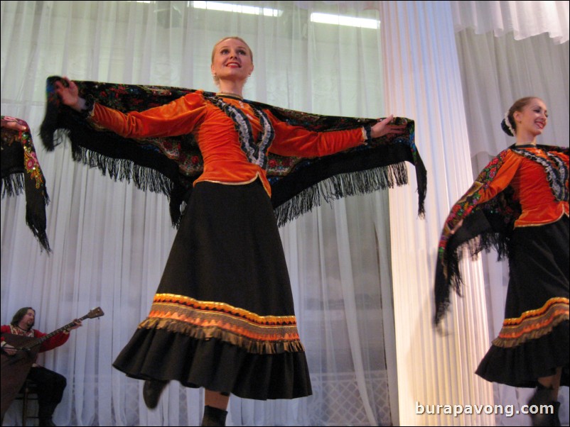 The Stars of St. Petersburg doing lyrical dances of the Russian North, Cossacks from the Don and Voronezh, and miniatures of the Urals and Siberia.