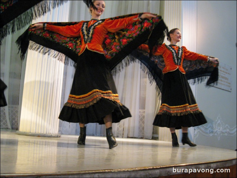 The Stars of St. Petersburg doing lyrical dances of the Russian North, Cossacks from the Don and Voronezh, and miniatures of the Urals and Siberia.