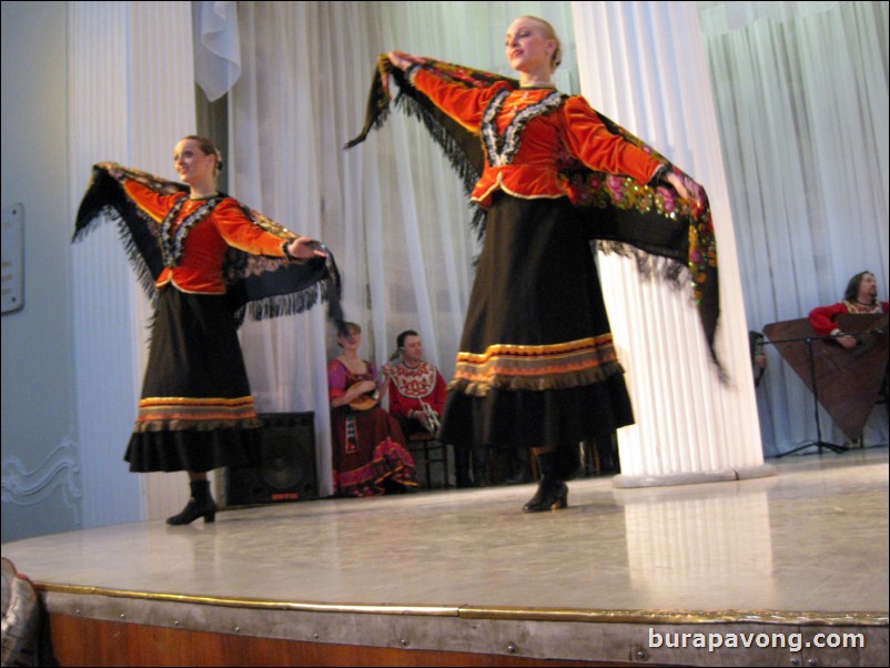 The Stars of St. Petersburg doing lyrical dances of the Russian North, Cossacks from the Don and Voronezh, and miniatures of the Urals and Siberia.