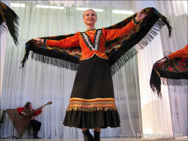 The Stars of St. Petersburg doing lyrical dances of the Russian North, Cossacks from the Don and Voronezh, and miniatures of the Urals and Siberia.