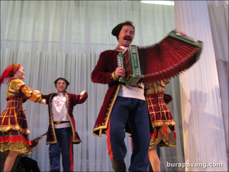 The Stars of St. Petersburg doing lyrical dances of the Russian North, Cossacks from the Don and Voronezh, and miniatures of the Urals and Siberia.