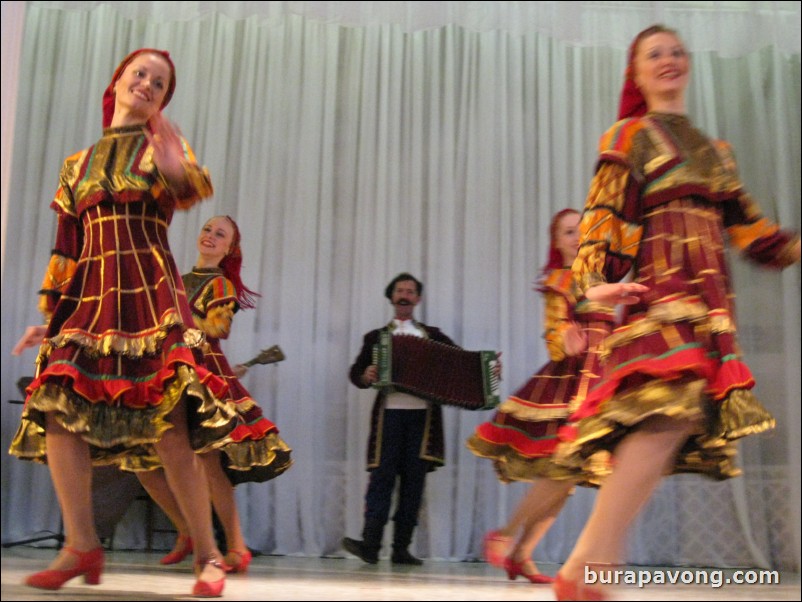 The Stars of St. Petersburg doing lyrical dances of the Russian North, Cossacks from the Don and Voronezh, and miniatures of the Urals and Siberia.