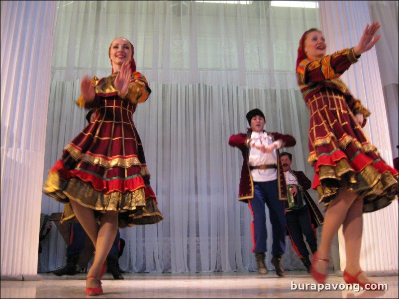 The Stars of St. Petersburg doing lyrical dances of the Russian North, Cossacks from the Don and Voronezh, and miniatures of the Urals and Siberia.