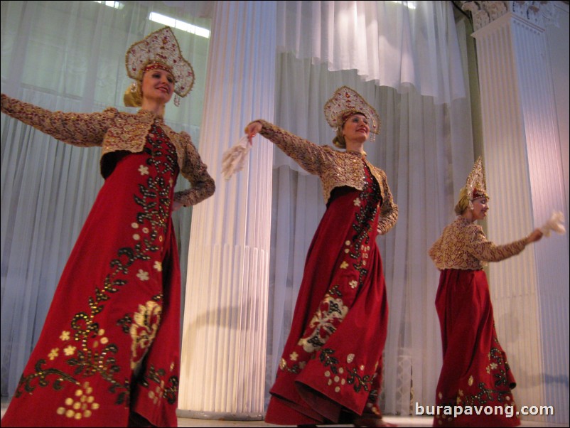 The Stars of St. Petersburg doing lyrical dances of the Russian North, Cossacks from the Don and Voronezh, and miniatures of the Urals and Siberia.