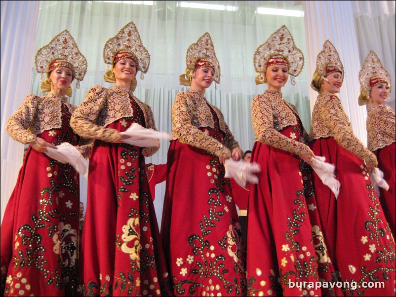 The Stars of St. Petersburg doing lyrical dances of the Russian North, Cossacks from the Don and Voronezh, and miniatures of the Urals and Siberia.