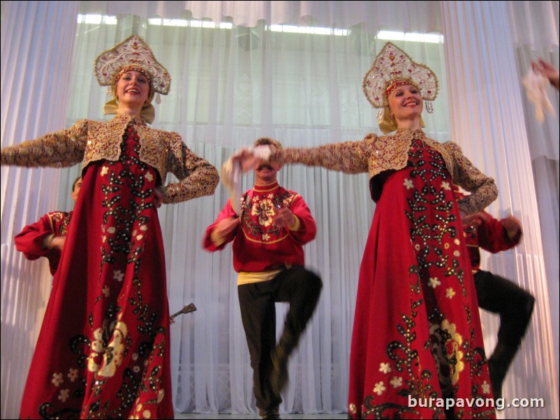 The Stars of St. Petersburg doing lyrical dances of the Russian North, Cossacks from the Don and Voronezh, and miniatures of the Urals and Siberia.