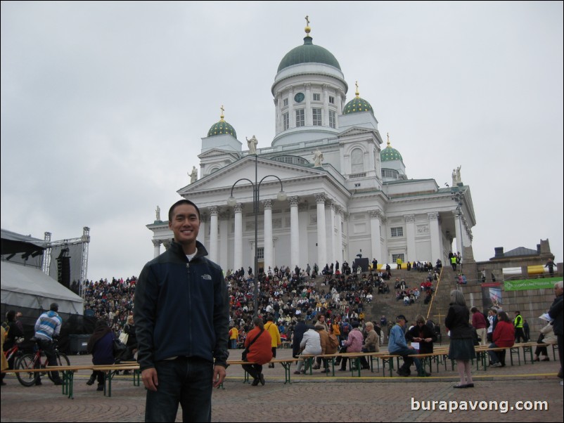 Helsinki Cathedral in Senate Square. Some 50th anniversary Christian festival going on.