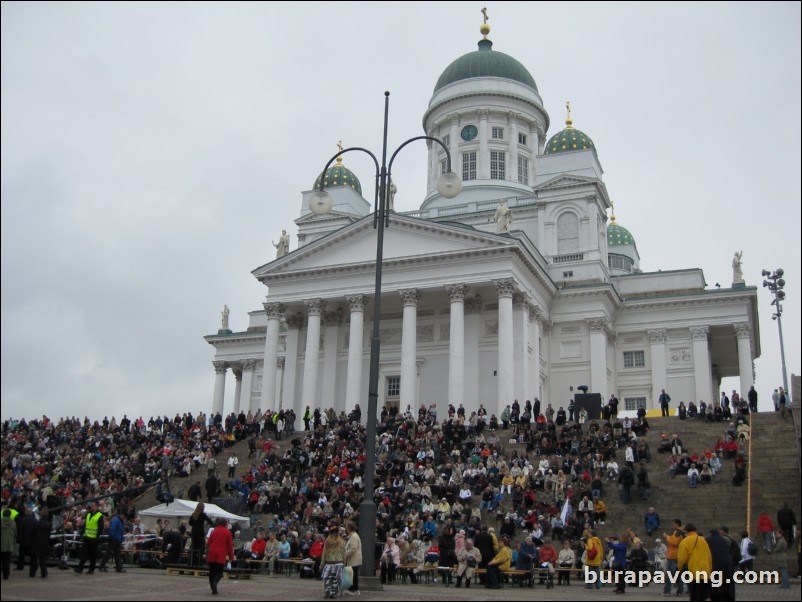 Helsinki Cathedral in Senate Square. Some 50th anniversary Christian festival going on.