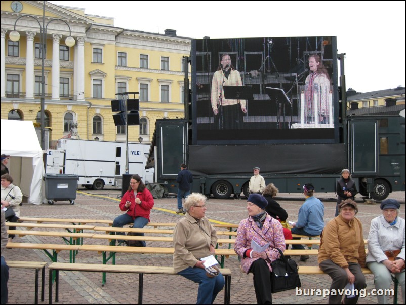 Helsinki Cathedral in Senate Square. Some 50th anniversary Christian festival going on.