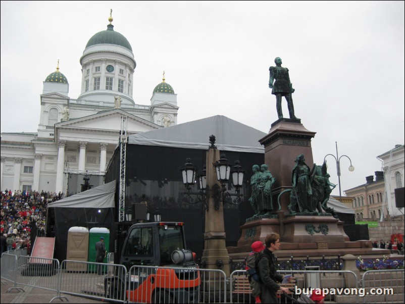 Helsinki Cathedral in Senate Square. Some 50th anniversary Christian festival going on.