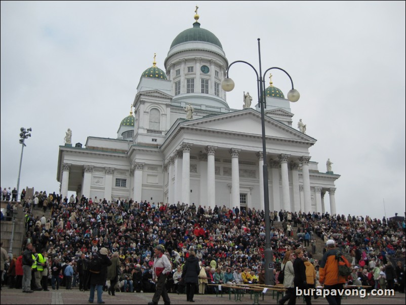 Helsinki Cathedral in Senate Square. Some 50th anniversary Christian festival going on.