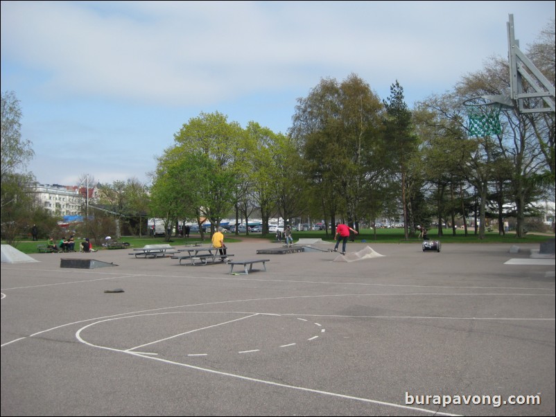 Basketball and skate park at Kaivopuisto park.