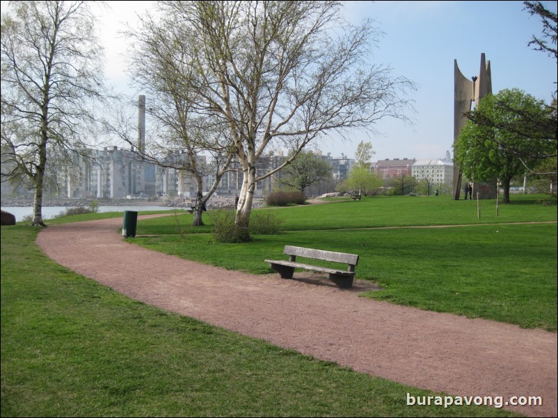 Kaivopuisto park, one of the oldest and best known parks in central Helsinki. Gulf of Finland.