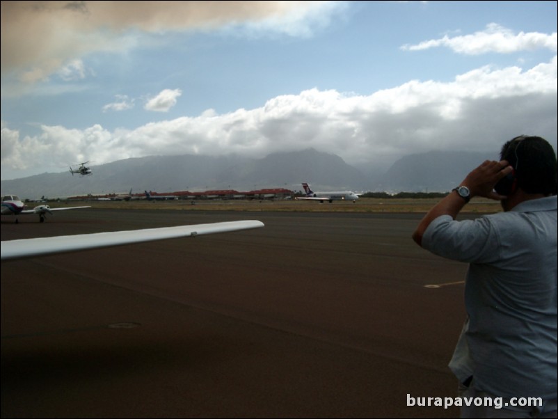 Helicopter arriving at Kahului heliport.