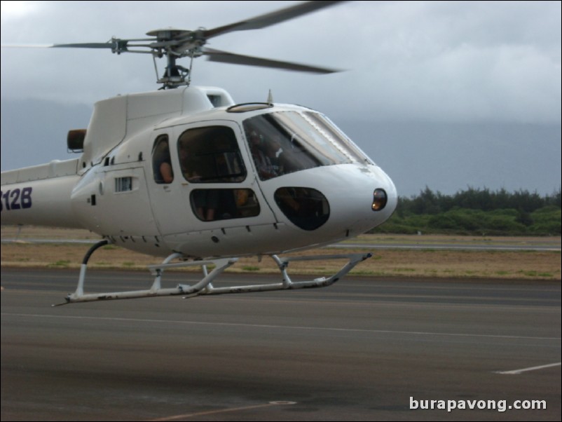 Helicopter landing at Kahului heliport.