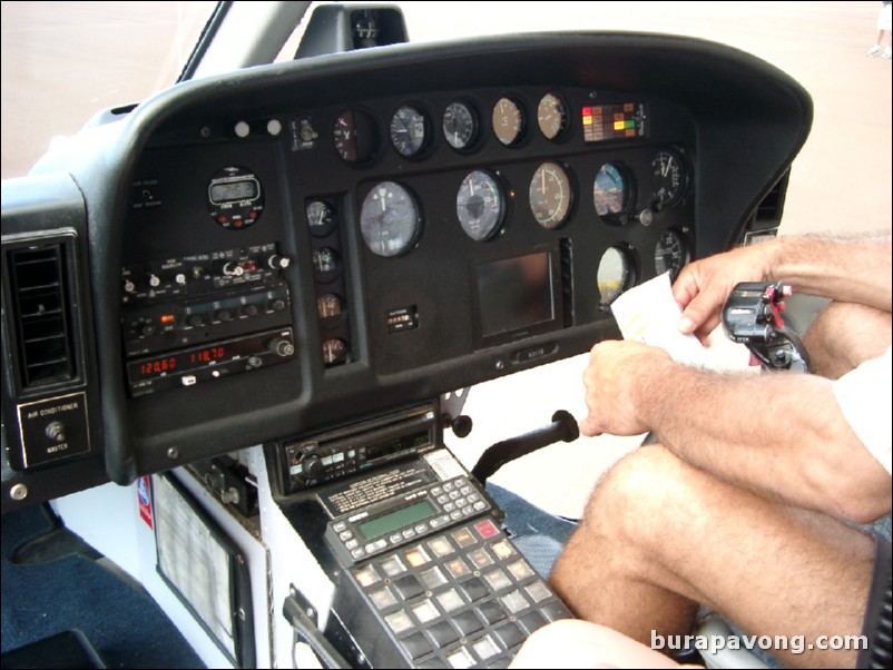 Inside the helicopter.