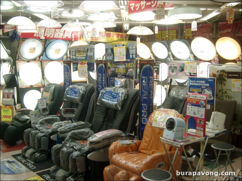 Massage chairs and bright lights.