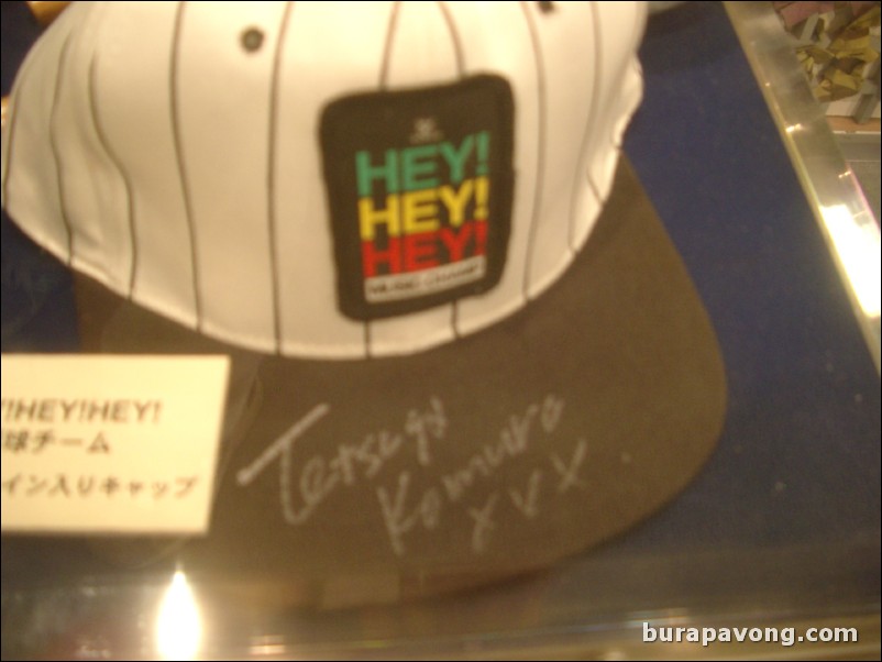 Blurry shot of Hey! Hey! Hey! Music Champ hat signed by Tetsuya Komuro.