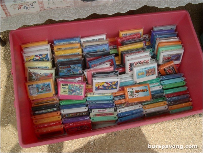 More used Famicom games at a flea market in Rinku Town.