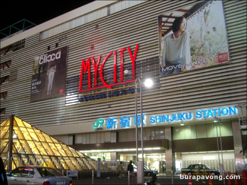 East Shinjuku at night. MyCity and JR Shinjuku Station.