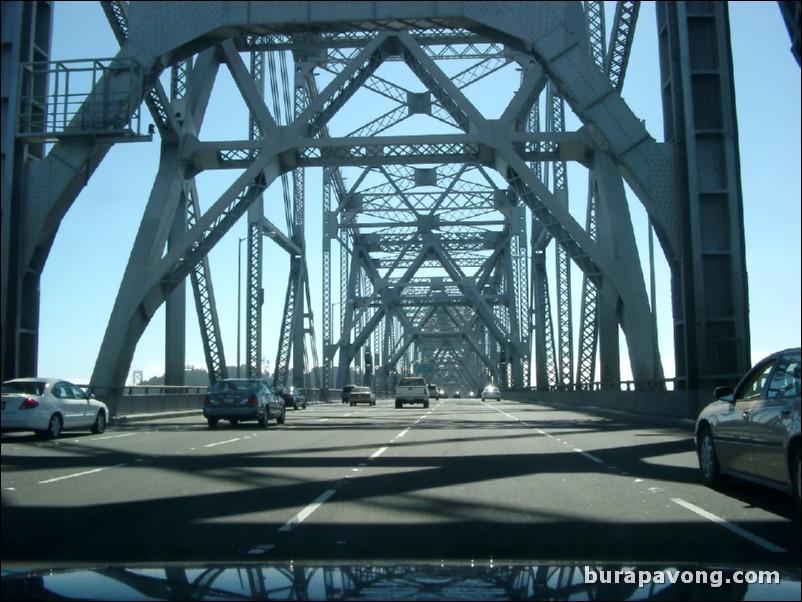 On top of the Bay Bridge heading into town.