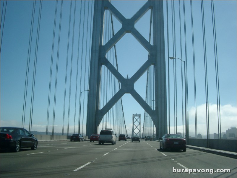 On top of the Bay Bridge heading into town.